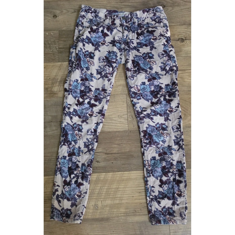 Free People Womens 25 Floral Corduroy Pants Blue Purple Mid Rise Skinny Slim Fit